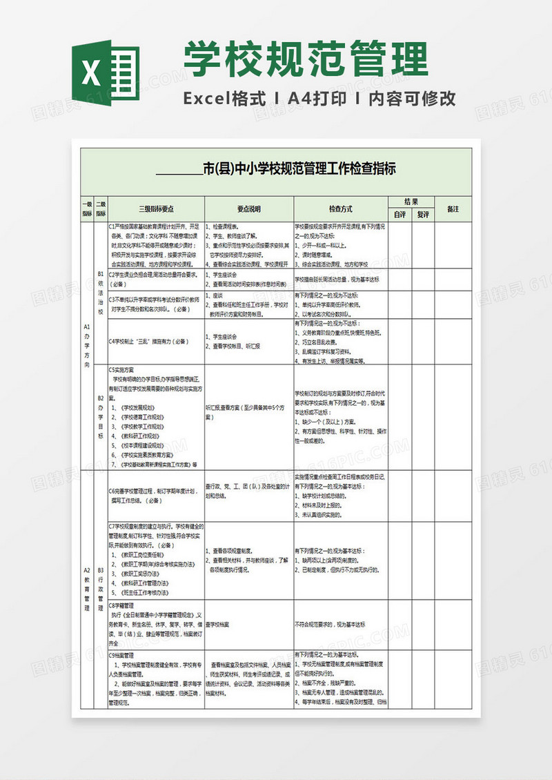中小学校规范管理工作检查指标