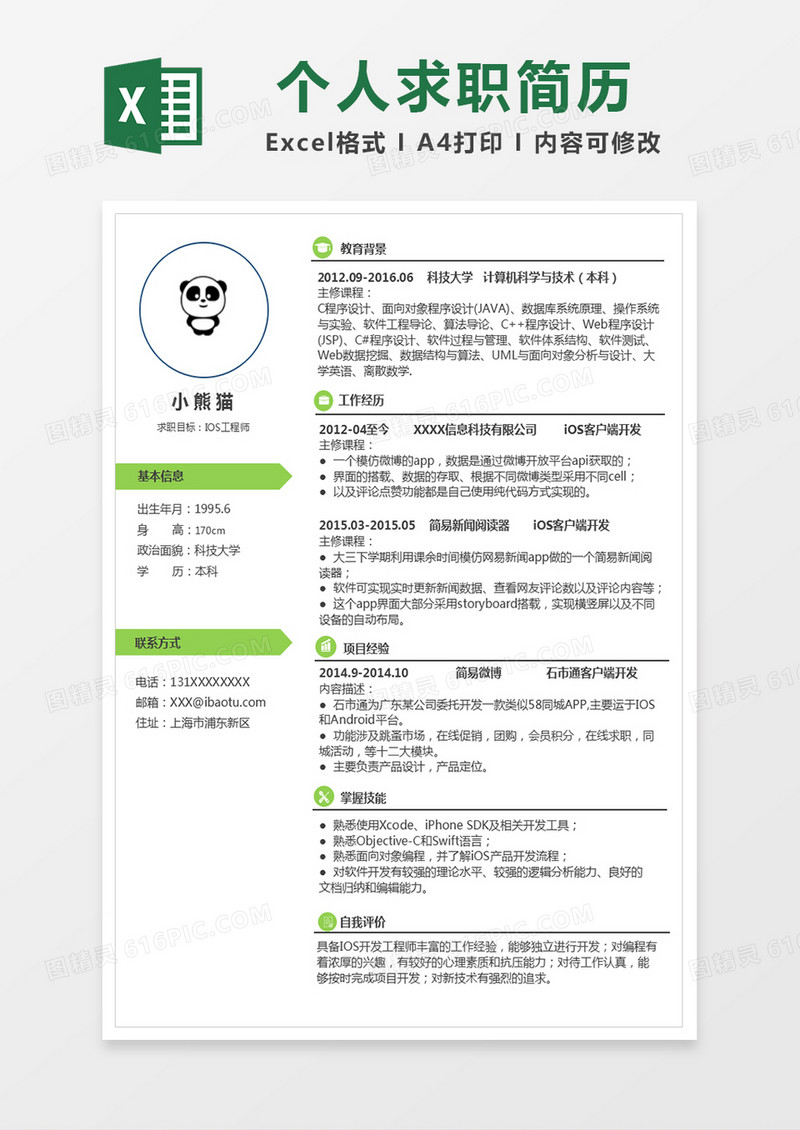 时尚IOS工程师Excel简历表格模板