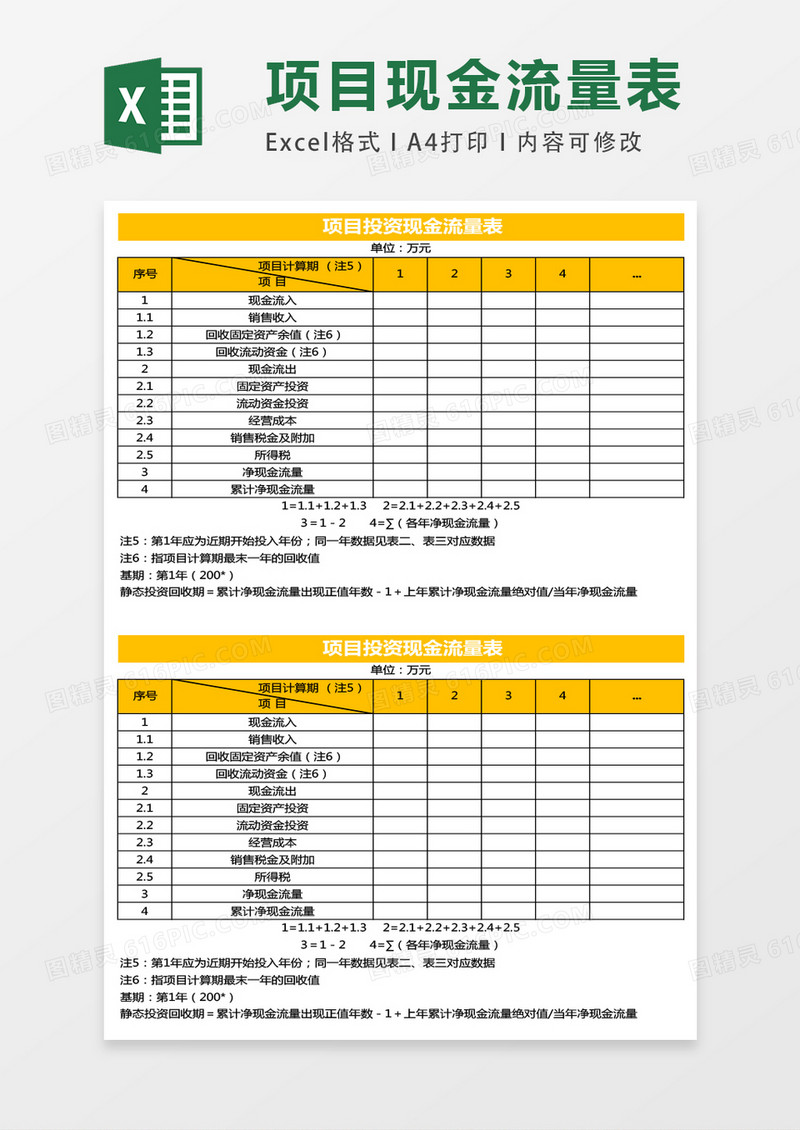 项目投资现金流量表模板excel表格模板