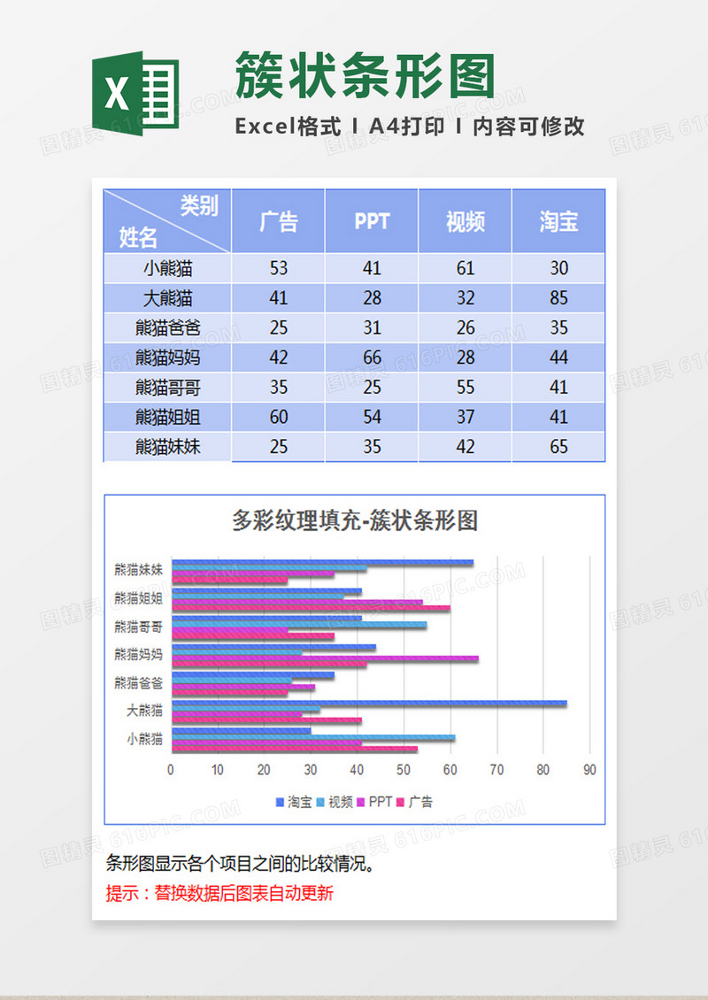 多彩立体纹理簇状条形图excel模板