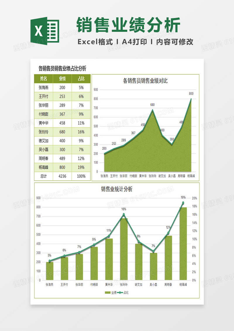 实用销售员销售业绩占比分析excel模板