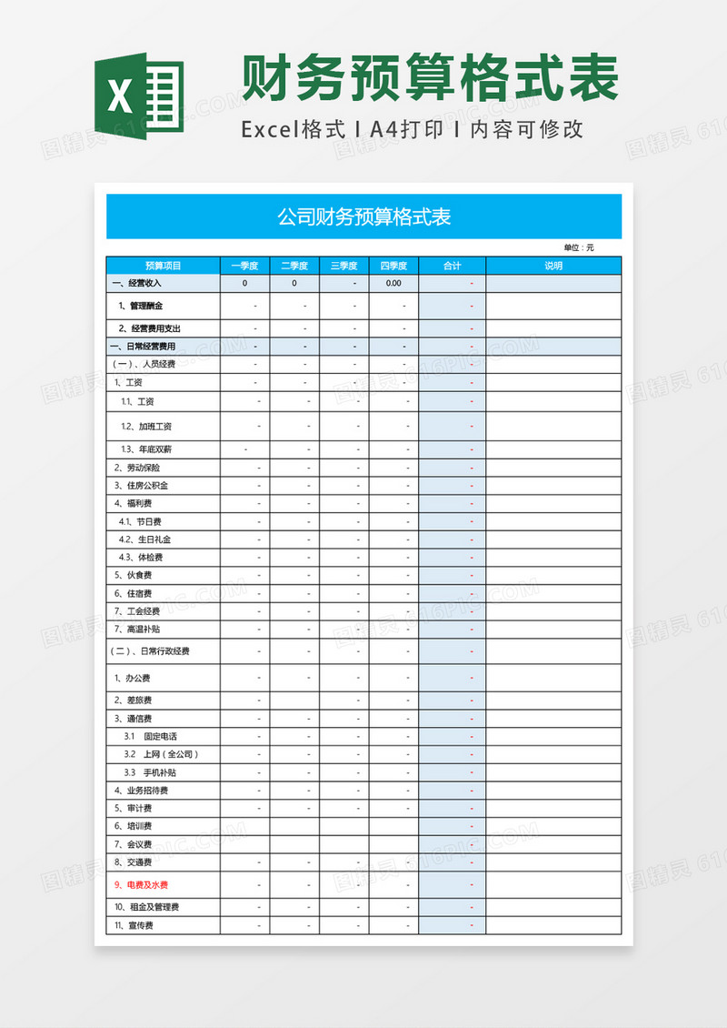 财务预算格式表全年excel表格模板