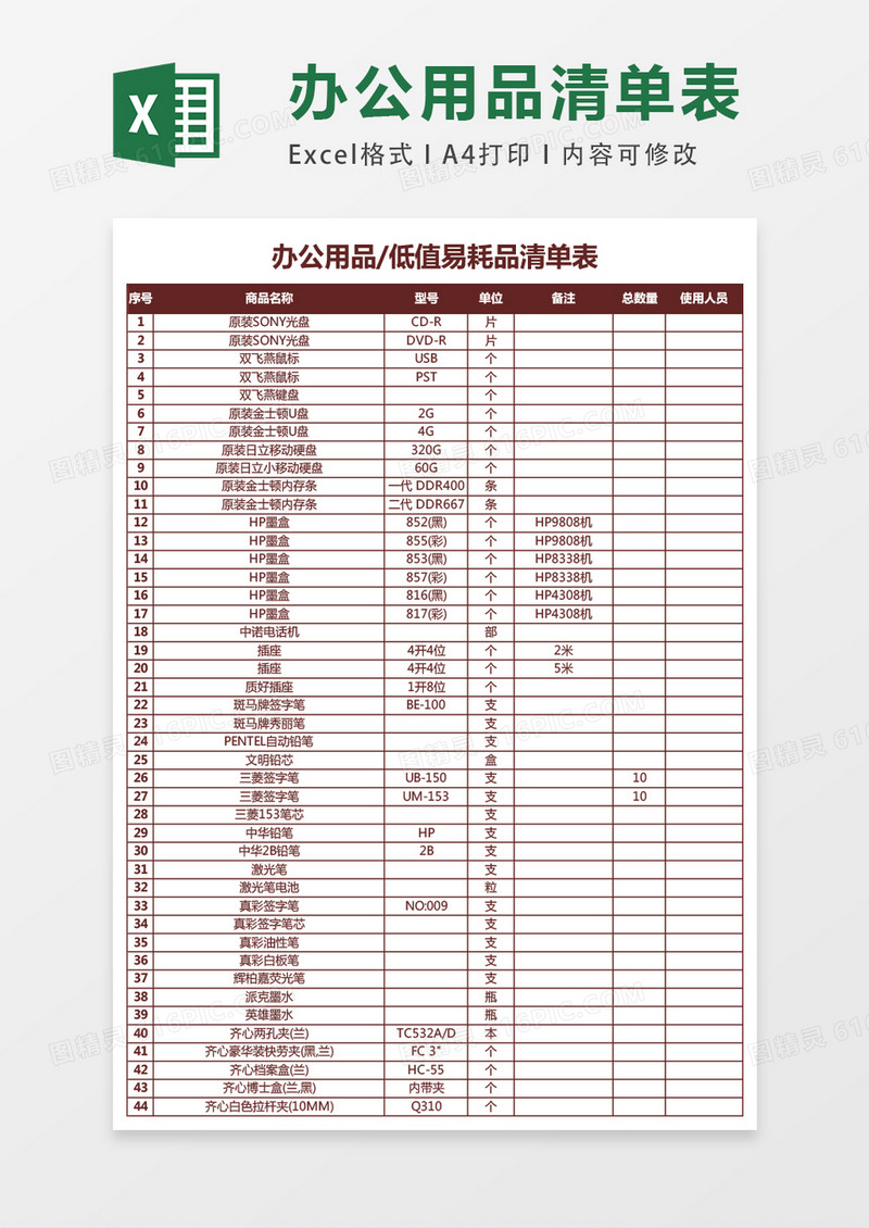 最全的办公用品清单表excel表格