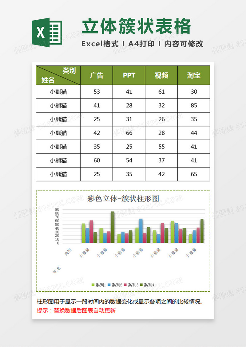 多彩立体簇状柱形图excel模板