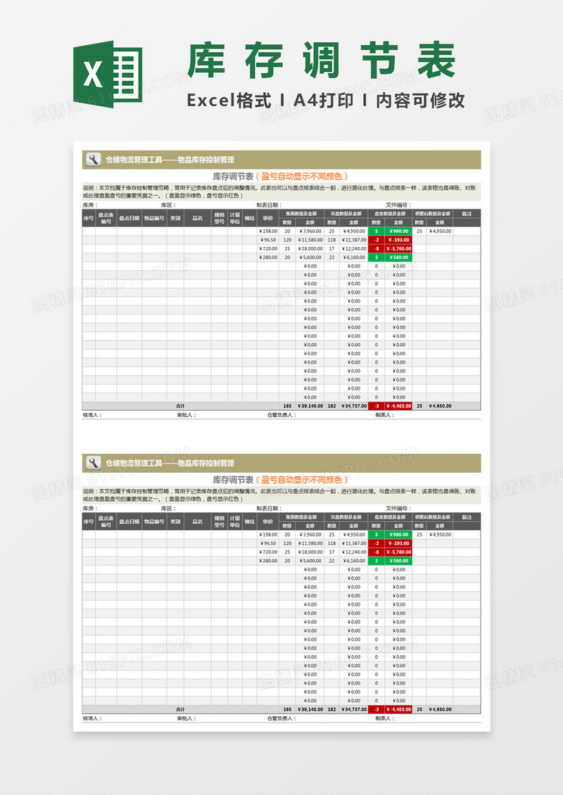 仓储物流管理工具库存调节表Excel模板