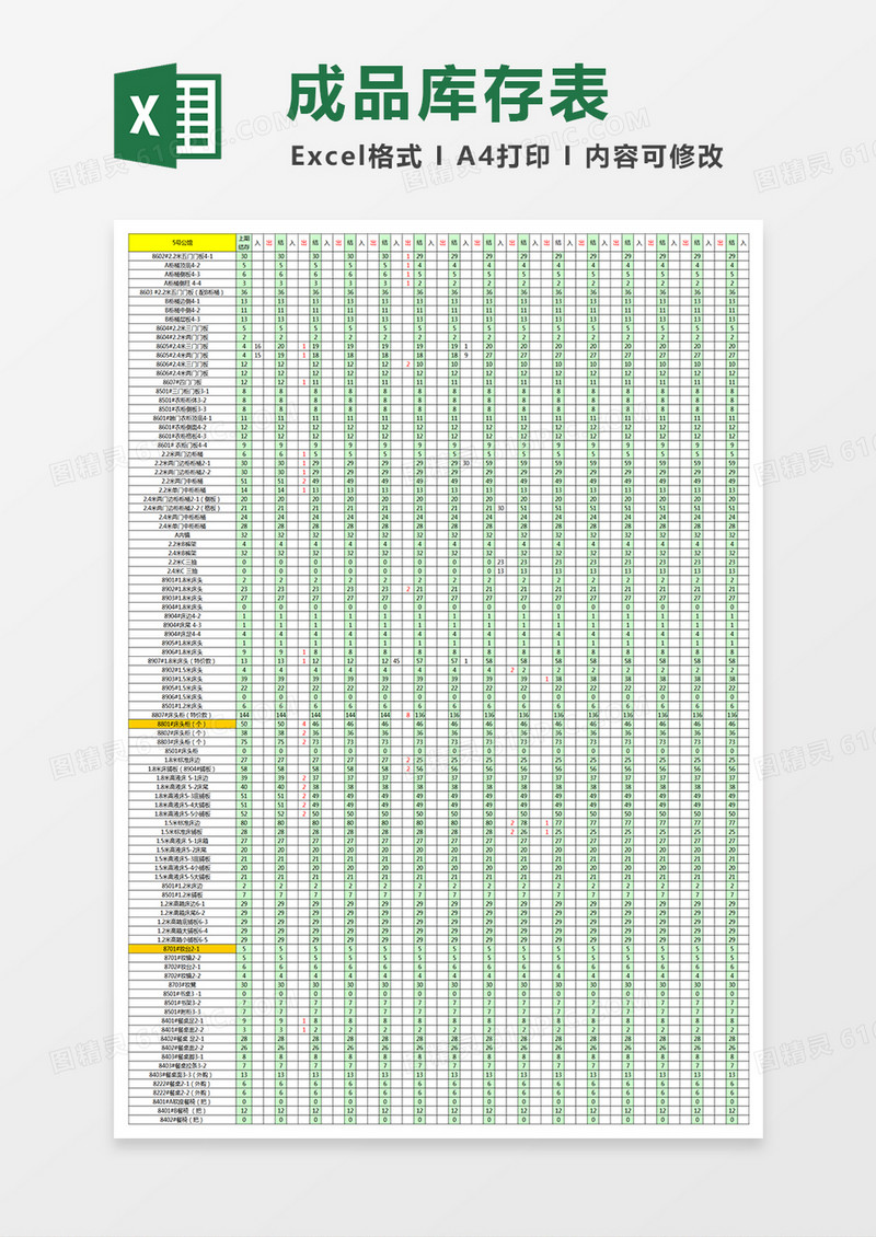 成品库存表excel表格
