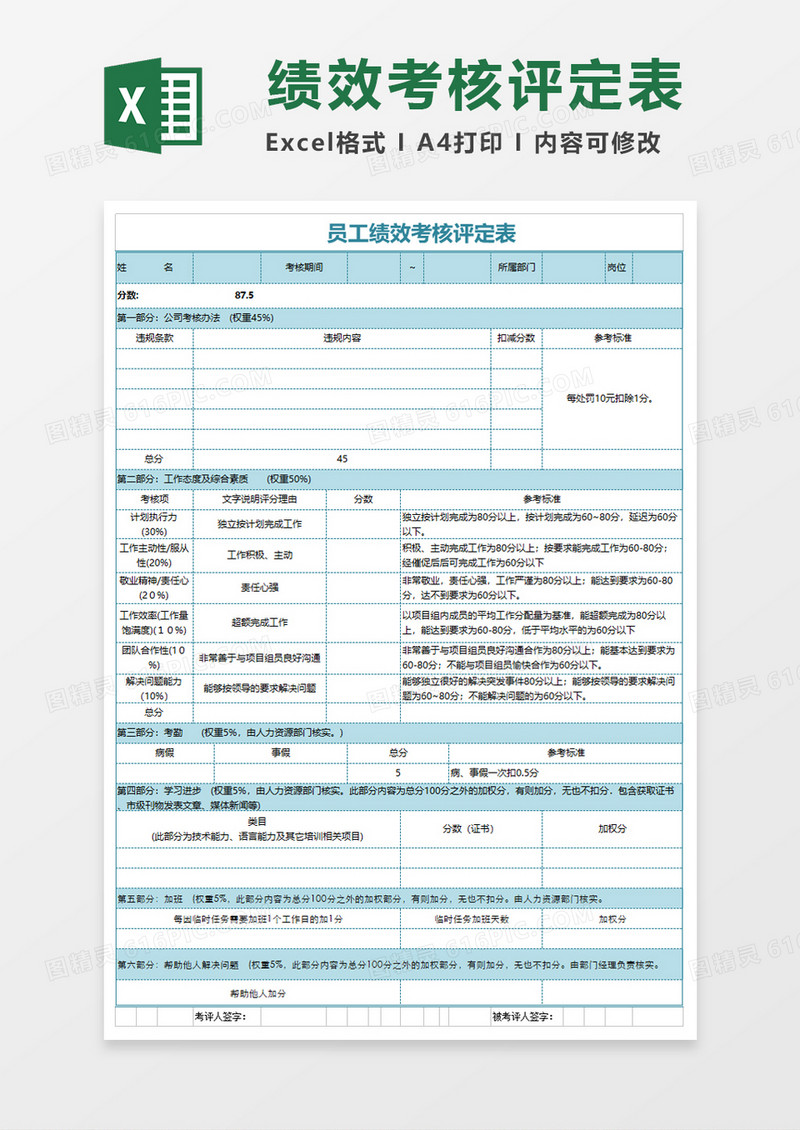员工绩效考核表Excel模板