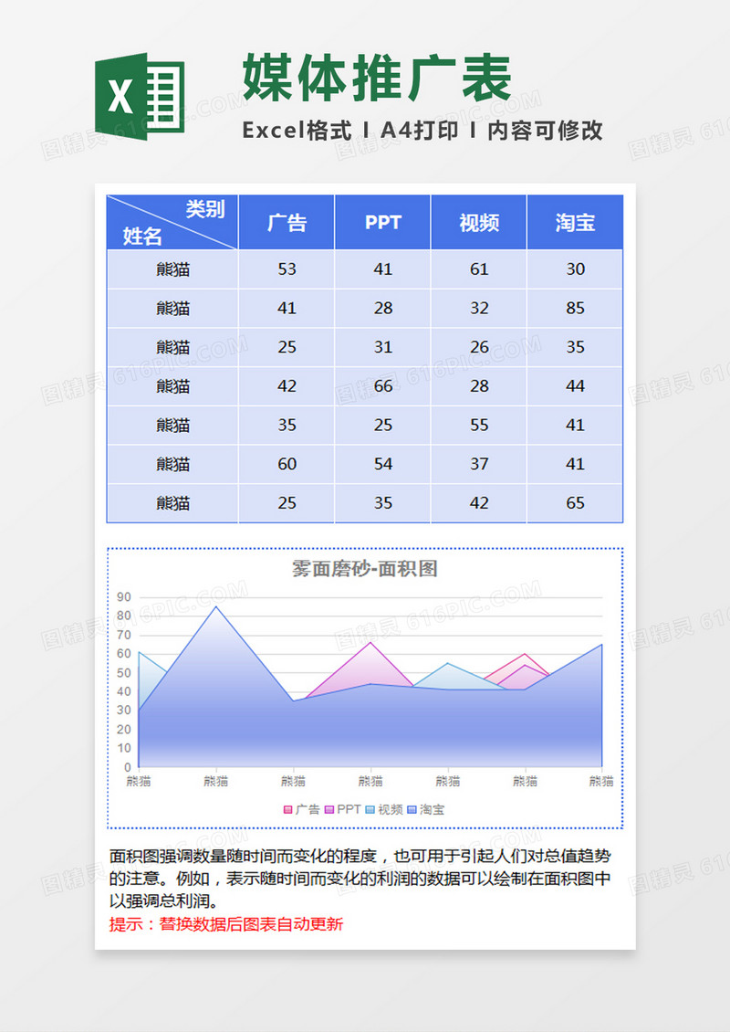 蓝色镜面磨砂面积图excel模板