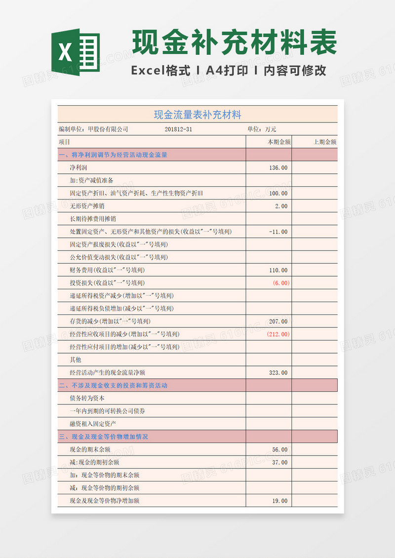 现金流量表补充材料excel模板