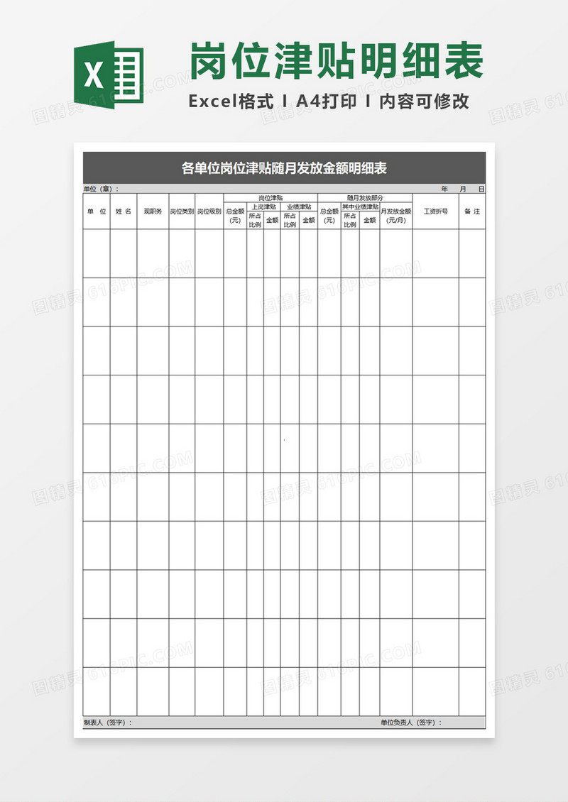 岗位津贴随月发放金额明细表