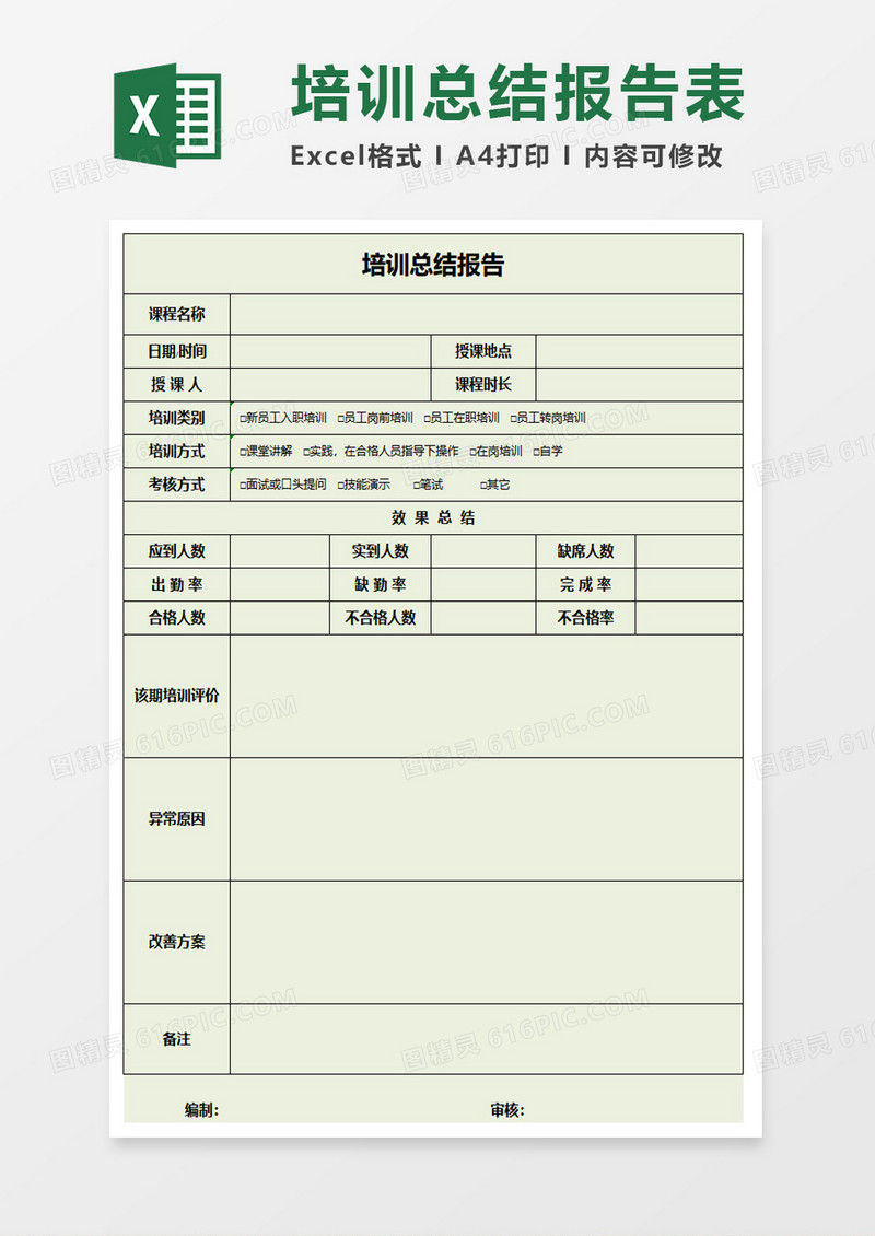 员工培训计划总结报告excel模板