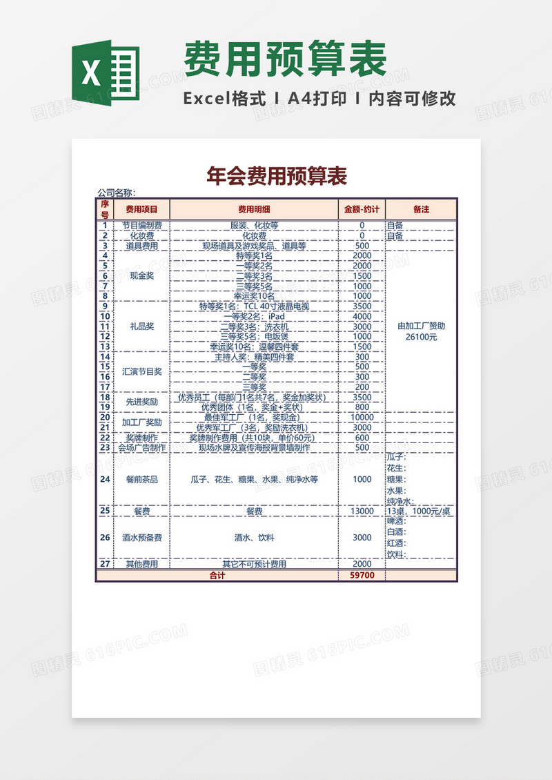 企业公司年会费用预算excel表格模板