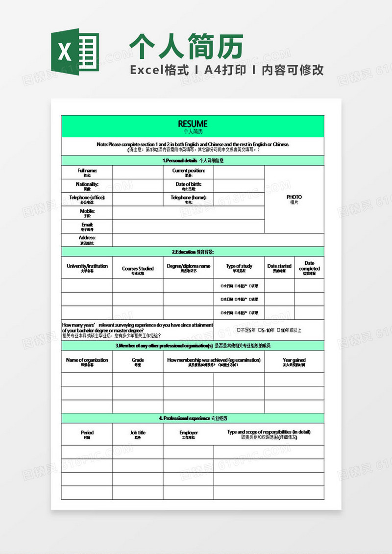 中英文个人简历模板excel