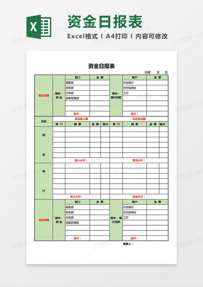 资金日报表Excel模板
