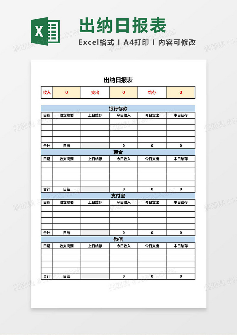出纳日报表Excel模板