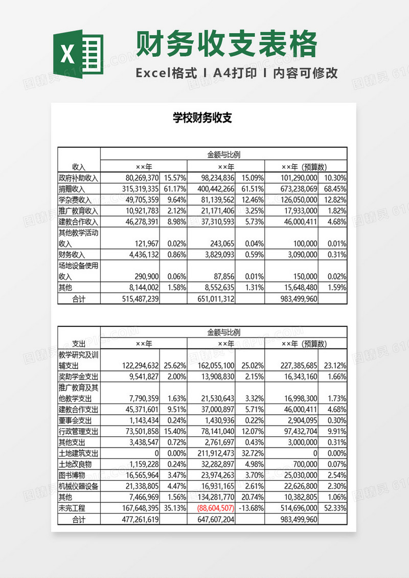 学校财务收支excel模板