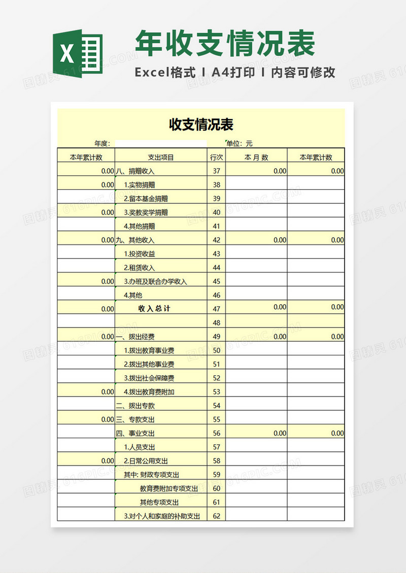 简约收支情况表excel模板