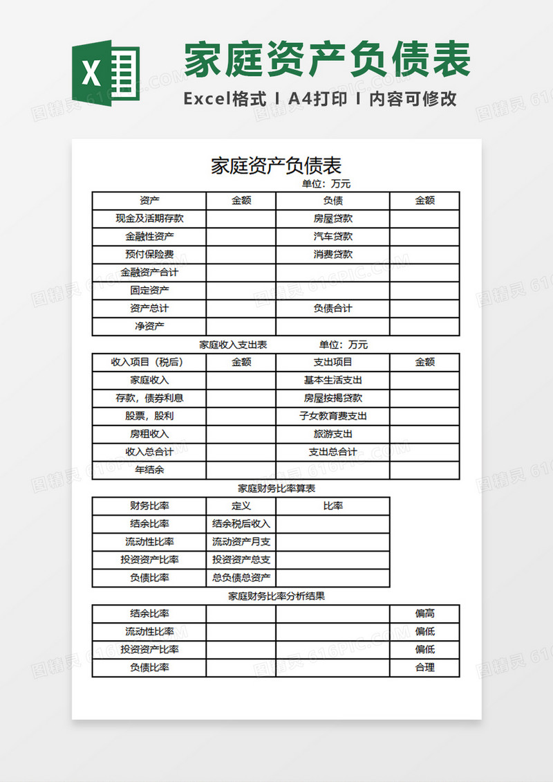 家庭资产负债表Excel模板