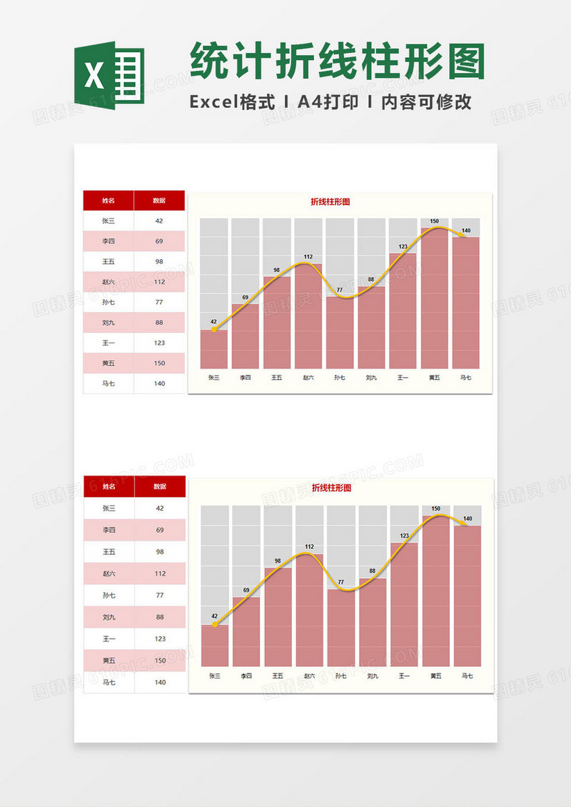 数据统计分析折线柱形图Excel模板
