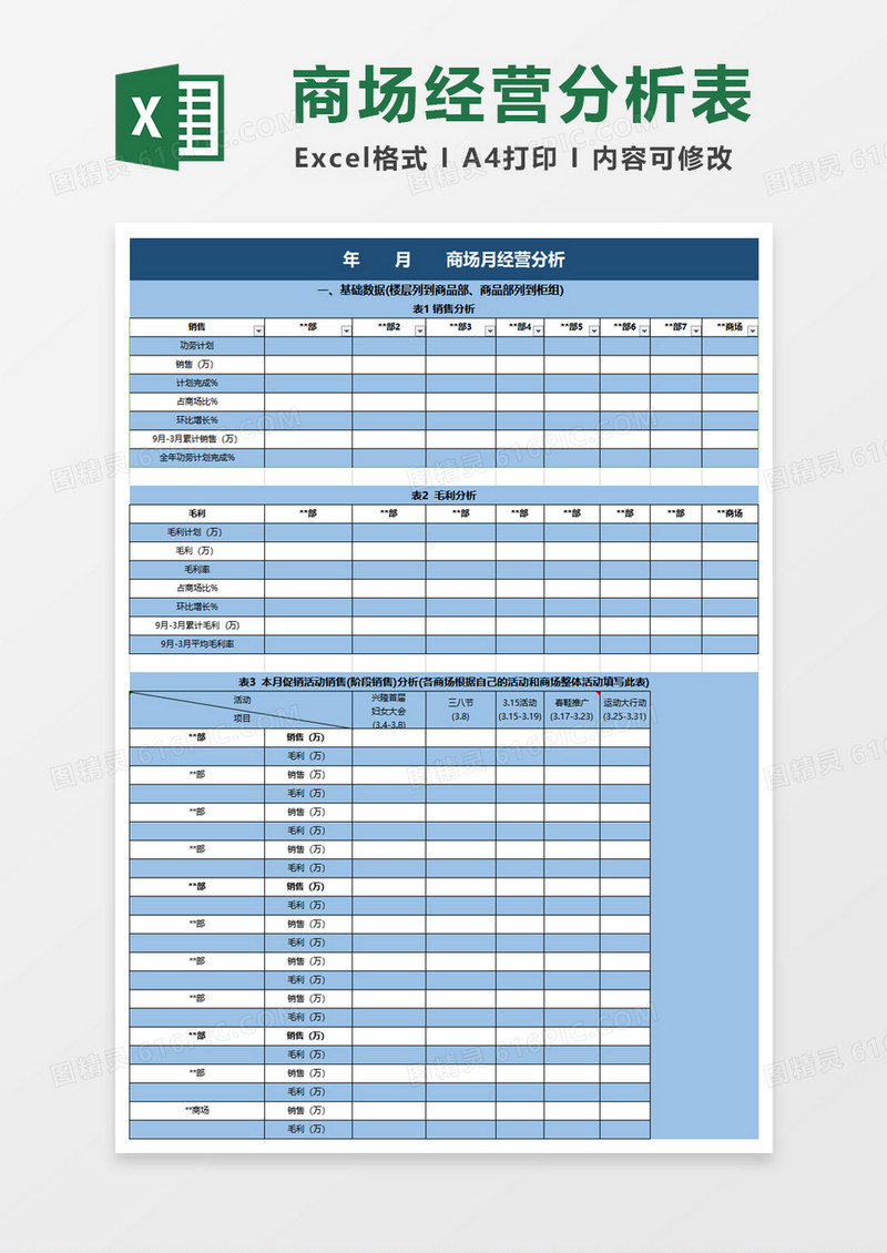 商场月度经营分析表excel模板