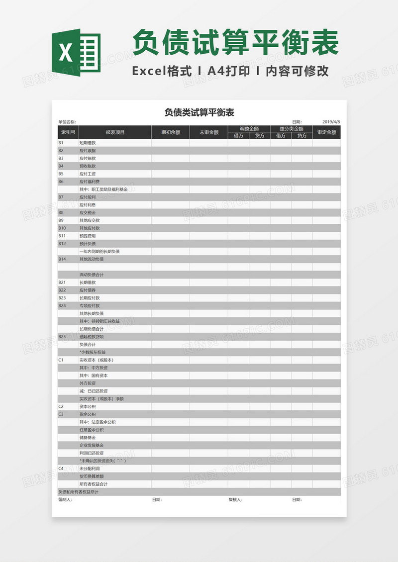 负债类试算平衡表Excel模板