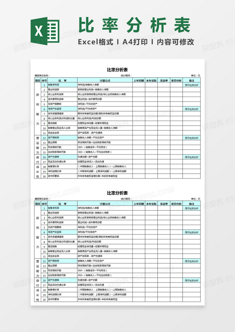 比率分析表Excel模板