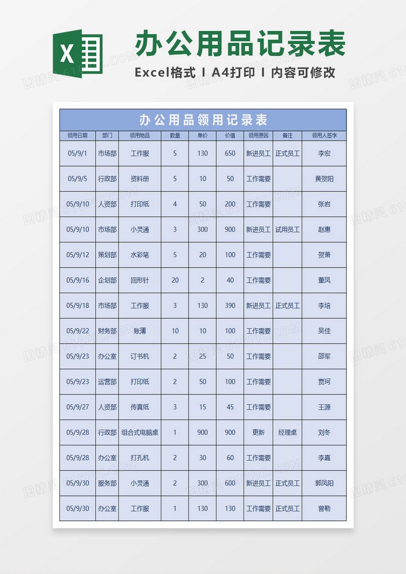 简约办公用品领用记录表excel模板