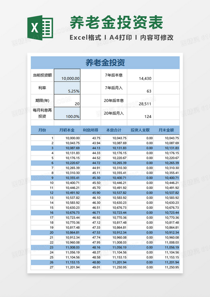 简约养老金投资计算器excel模板