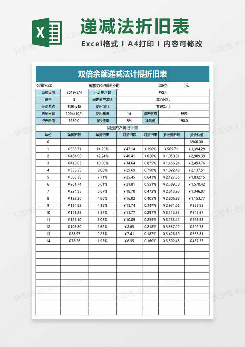 双倍余额法计提折旧表excel模板