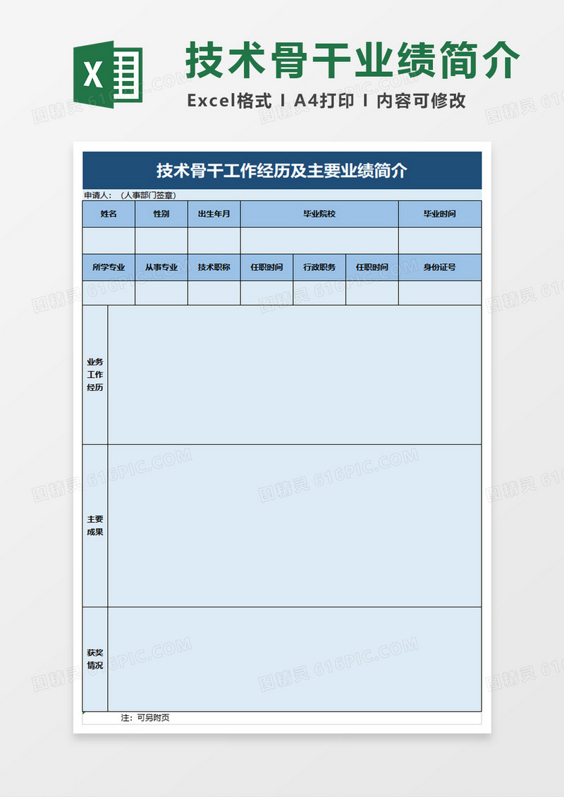技术骨干工作经历及主要业绩简介excel模板