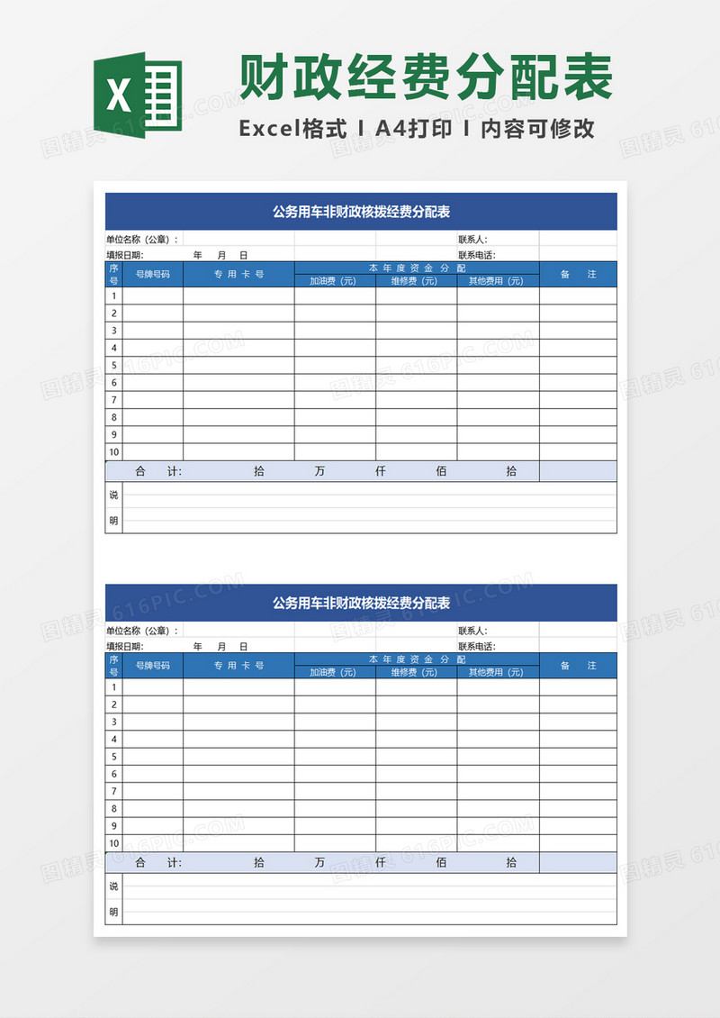 公务用车非财政核拨经费分配表excel模板