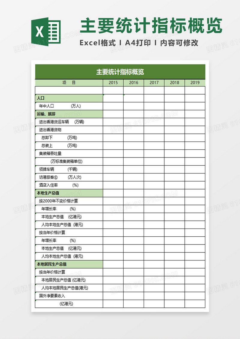 香港特别行政区主要统计指标概览Excel模板