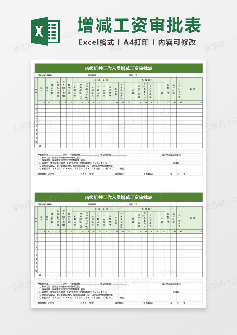 省级机关工作人员增减工资审批表excel模板