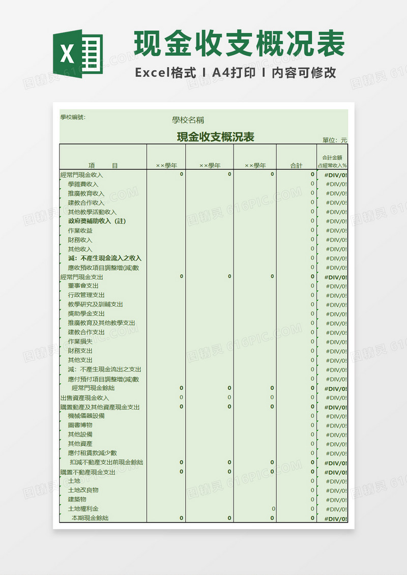 学校现金收支概況表excel模板