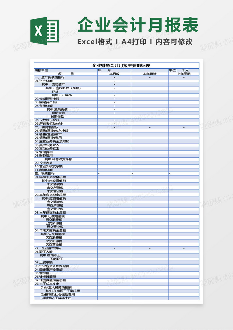 企业财务会计月报主要指标表Excel模板