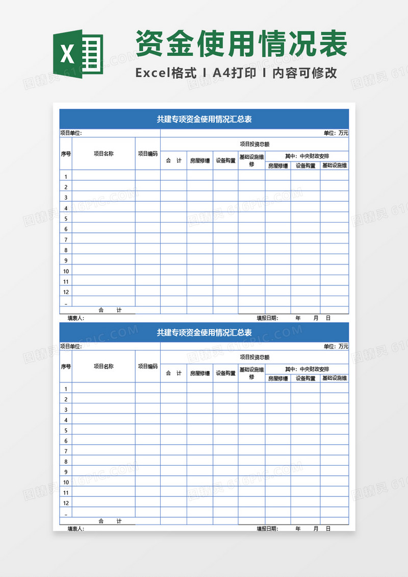 专项资金使用情况汇总表Excel模板