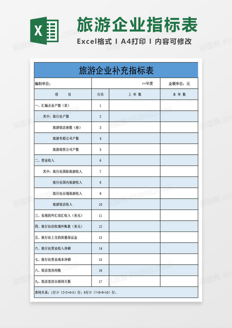 旅游企业补充指标表Excel模板