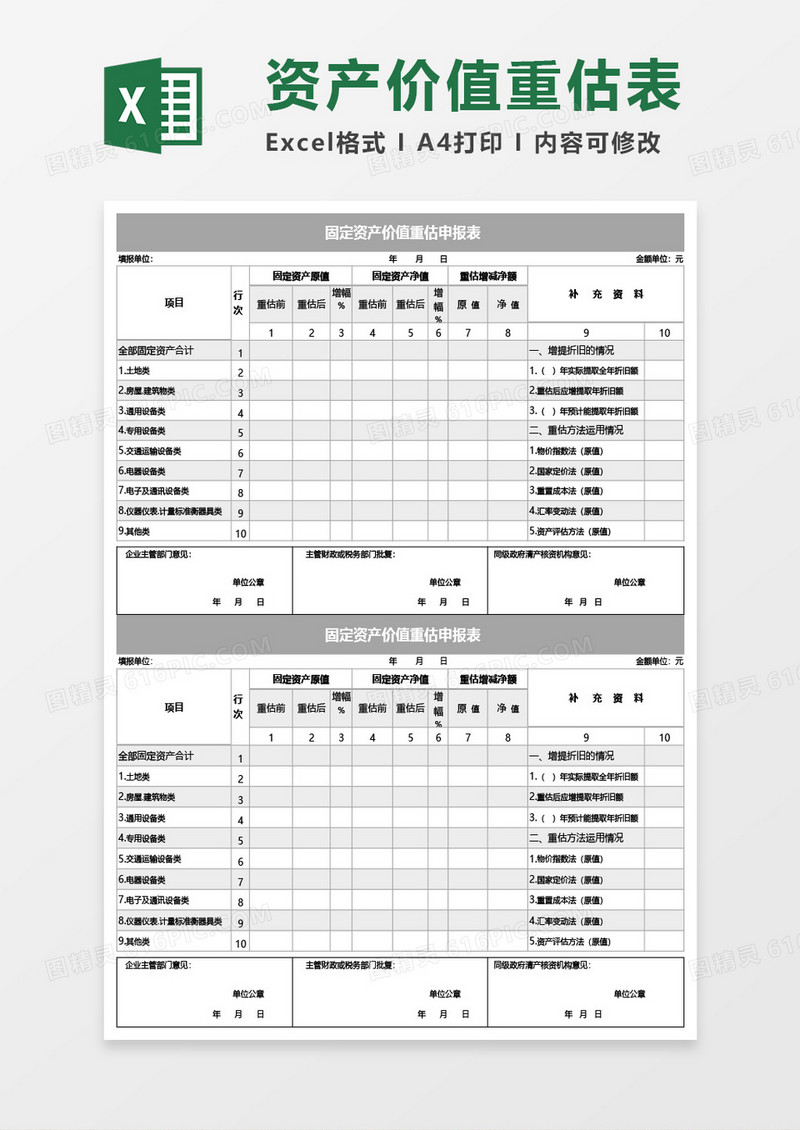 固定资产价值重估申报表Excel模板