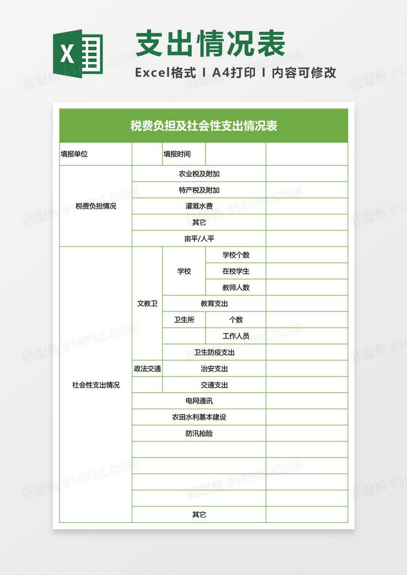 税费负担及社会性支出情况表Excel模板