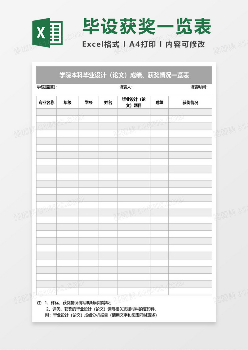 毕业设计（论文）获奖情况一览表Excel模