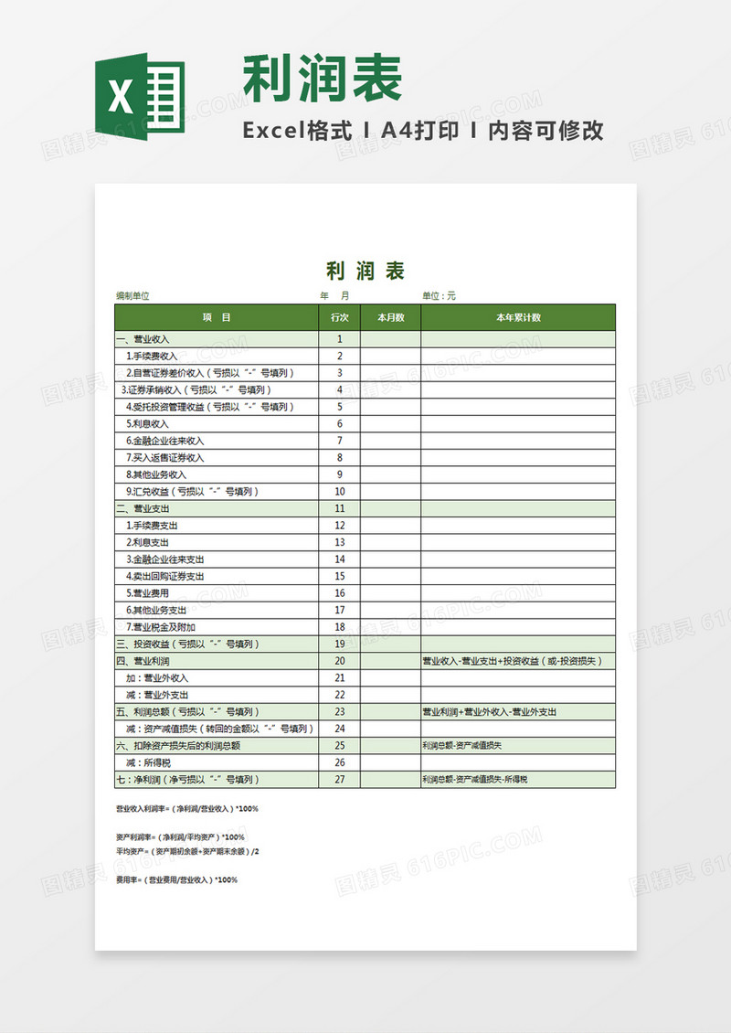 财务办公会计核算利润表Excel模板