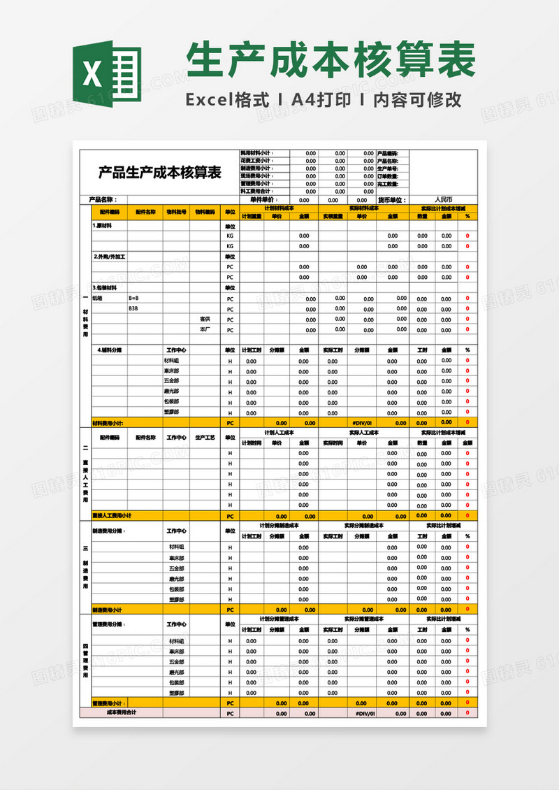 产品生产成本核算表Excel模板