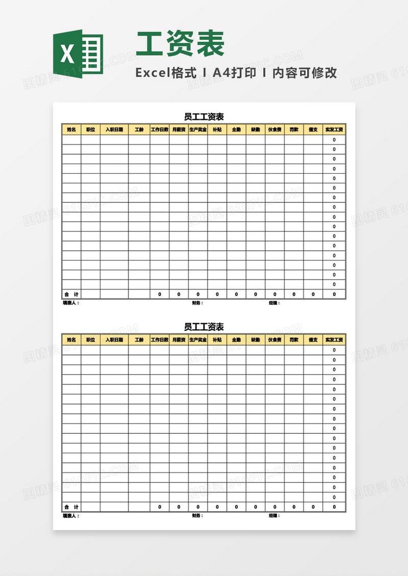 实用月度员工工资表Excel模板