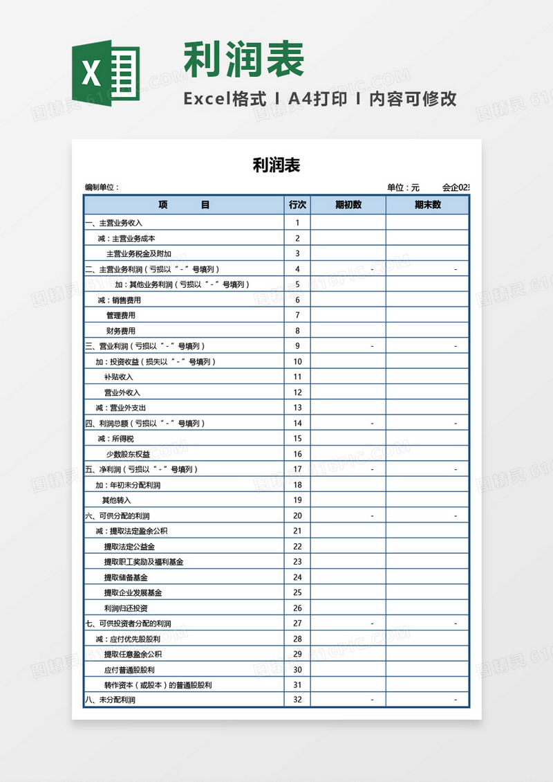 企业使用财务利润表Excel模板