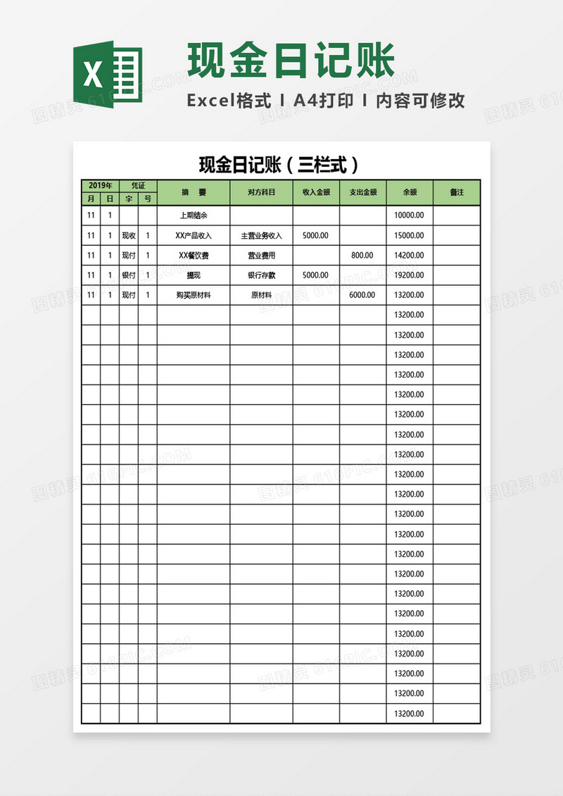 现金日记账（三栏式）Excel模板