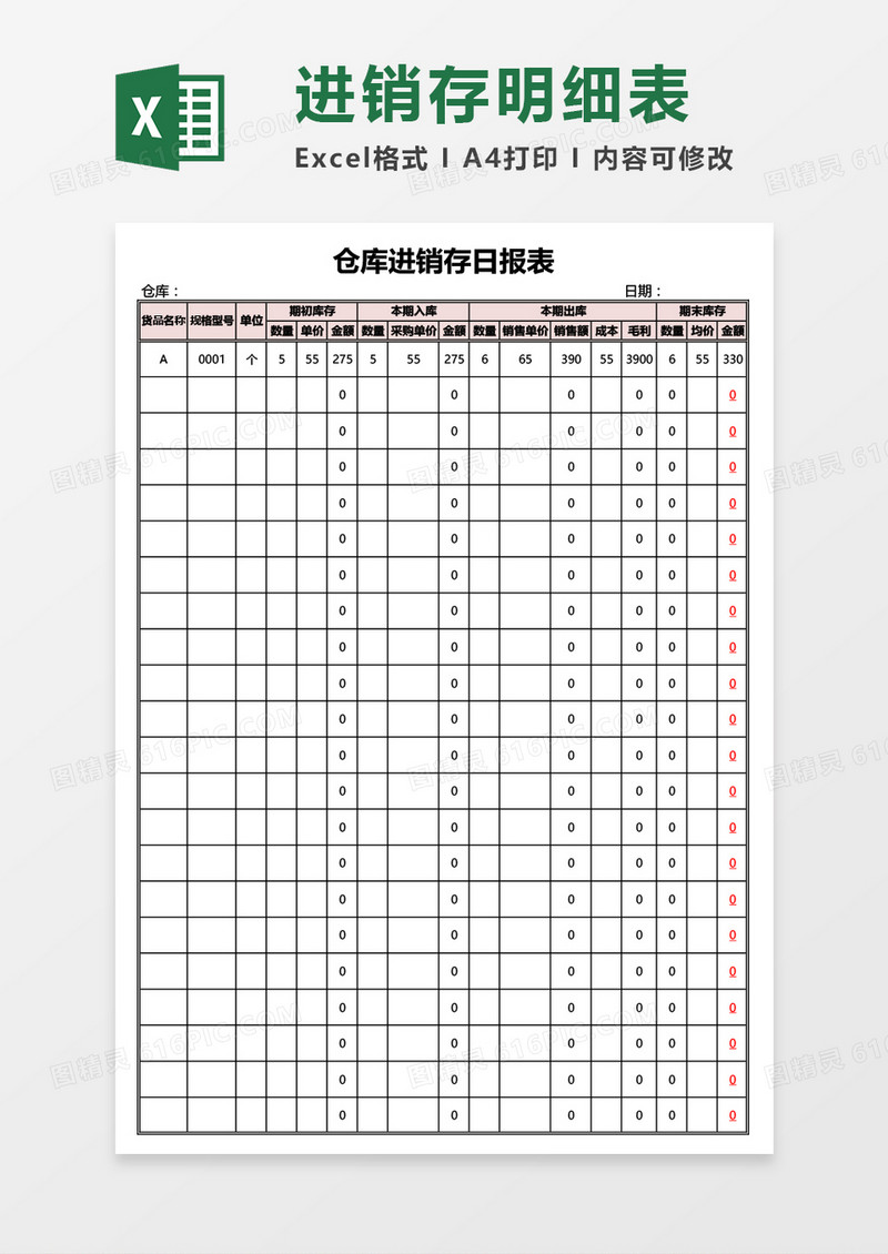 仓库进销存日报表Excel模板