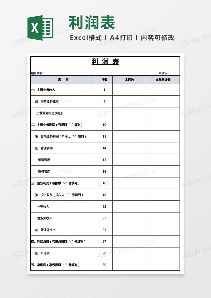 公司通用利润表Excel模板