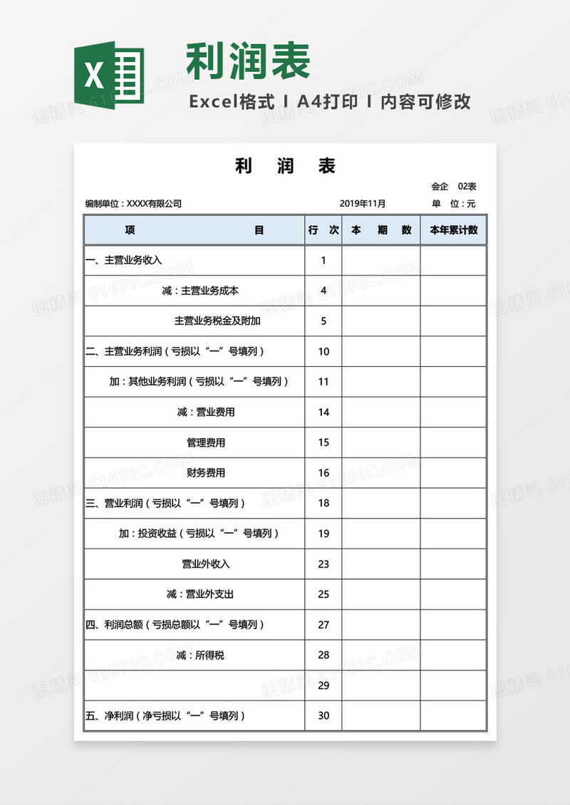 年度通用利润表Excel模板