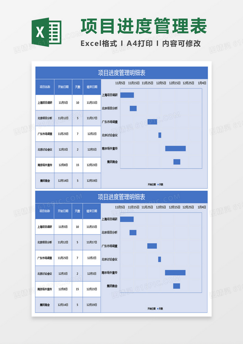 蓝色项目进度管理明细表excel模板