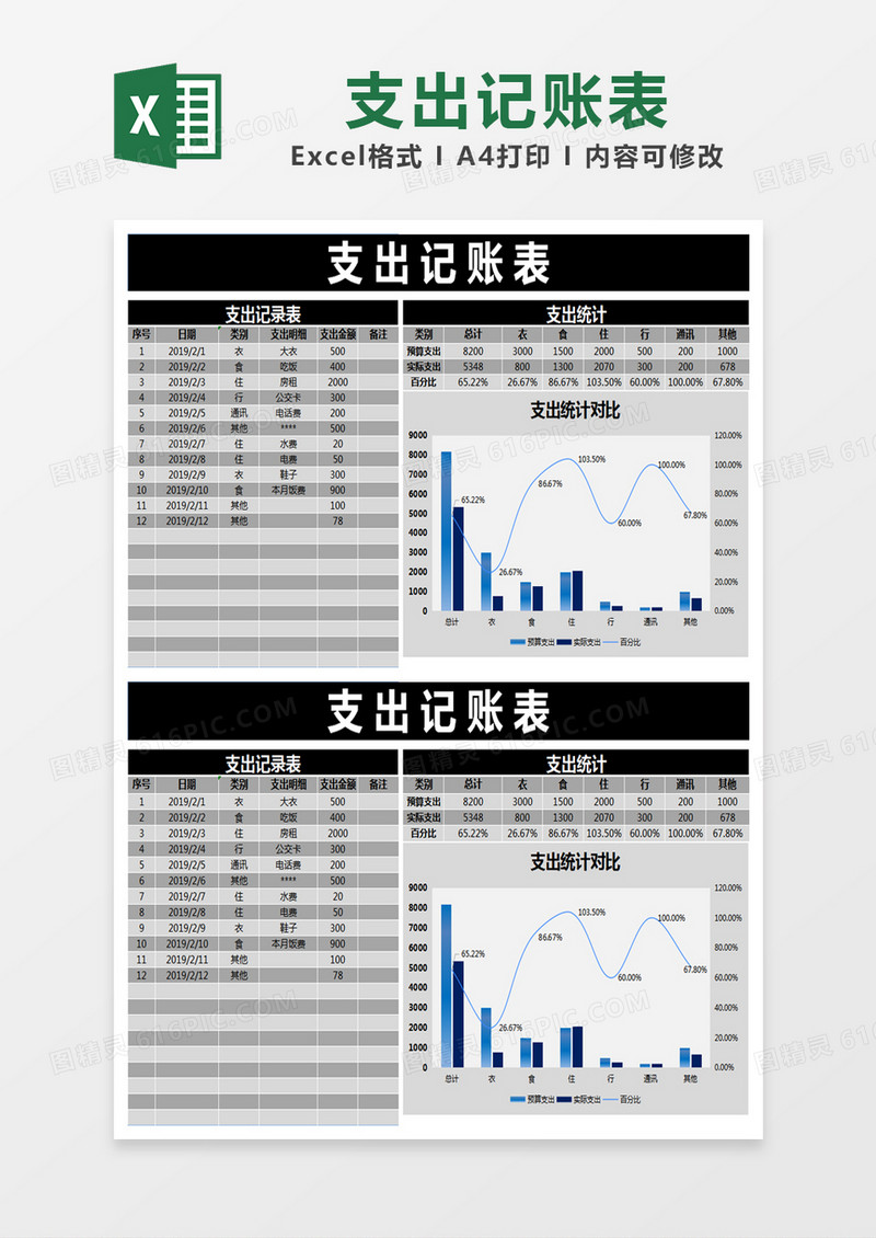 黑灰色商务支出记账表excel模版